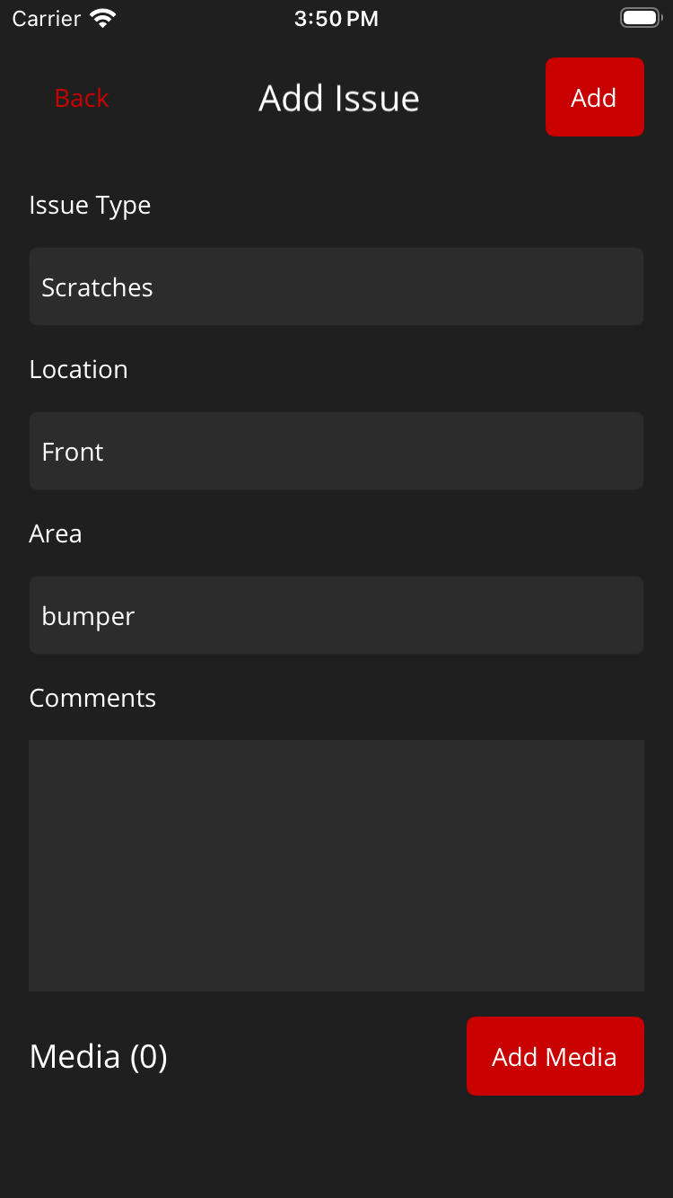 Add Issue form on iPhone with issue type, location, area, comments, and media