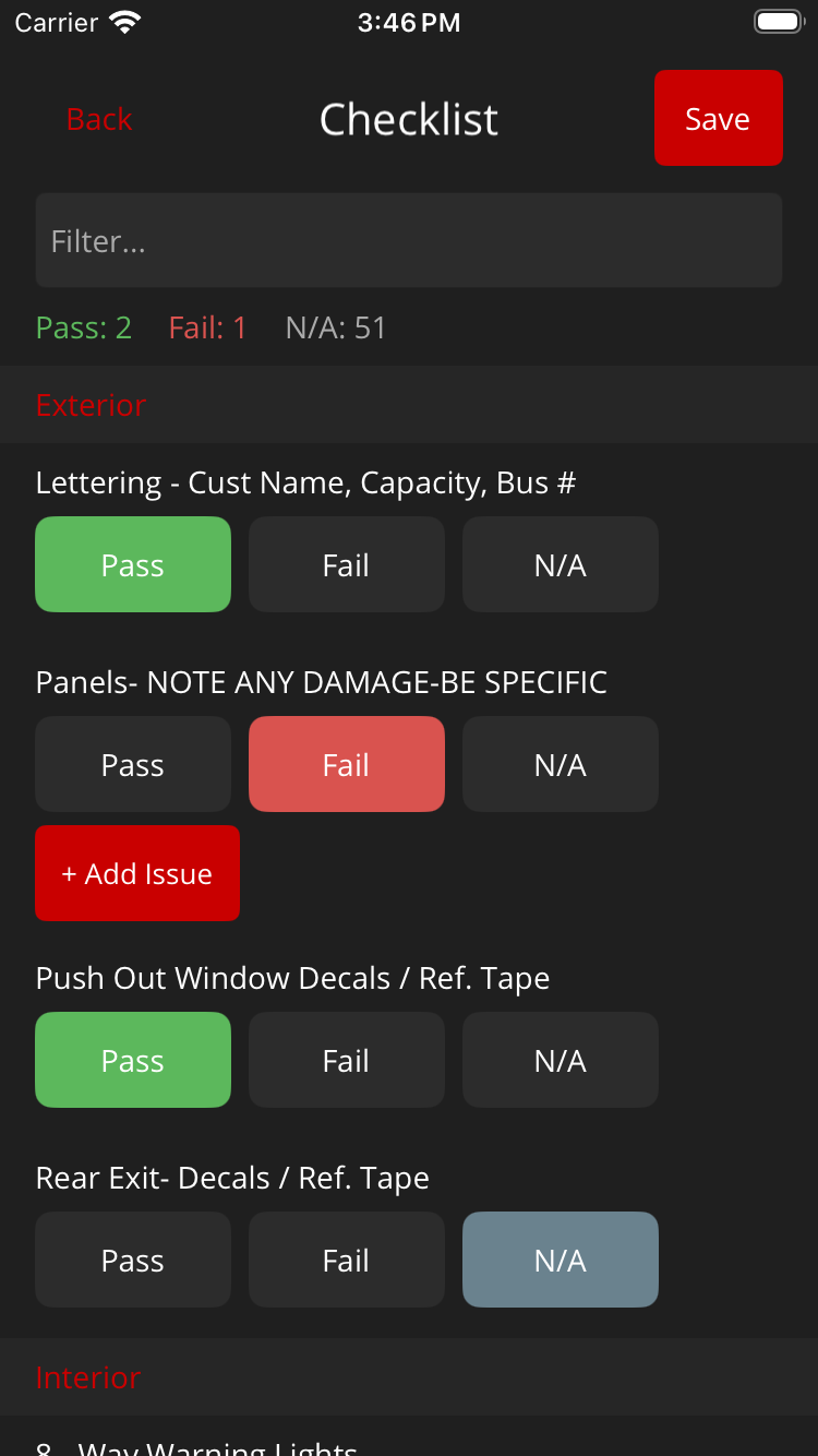 Guided Pass / Fail checklist in progress on iPhone, grouped by Exterior and Interior with live counts