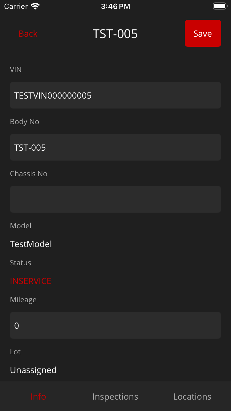 Unit detail Info tab on iPhone showing VIN, body number, model, status, mileage, and lot